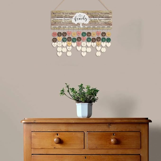 CHDITB Family Birthday Calendar with Tags, Vintage The Alphabet of Family Birthday Wall Hanging(16"x5"), Inspirational Quotes Wooden Birthday Reminder Tracker for Mothers Day Anniversary