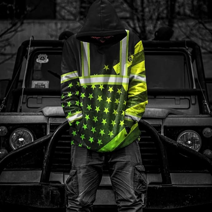 US Flag High Visibility Hoodie for Men Reflective Hoodie Safety Workwear for Worker Runner Patriotic ACC02