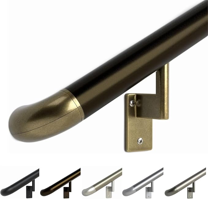 Promenaid 8ft ADA Handrail Kit - Architectural Bronze - Complete Indoor/Outdoor Handrail for Stairs - 1.6" Round Anodized Aluminum Railing with 4 Antique Brass Pivoting Brackets & ADA Wall Returns