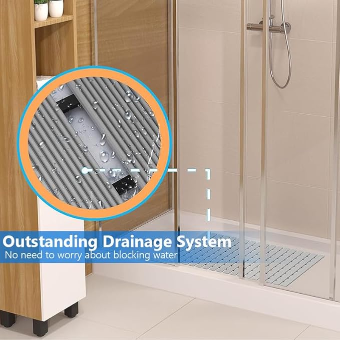 Bath Mat Non Slip Shower Mat Bathtub with Drain Holes and Heavy Duty Rubber No Suction Cups Sturdy Shower Stall Tub Mat for Bathroom, Shower Floor, Pool, SPA, (Grey, 4FT X 9FT)
