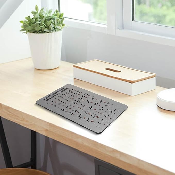 For beginners: 7.25 x 4.7 in Braille Learning Board with Raised Dots, Numbers, Punctuation - Aluminum Tactile Teaching Aid for Visually Impaired