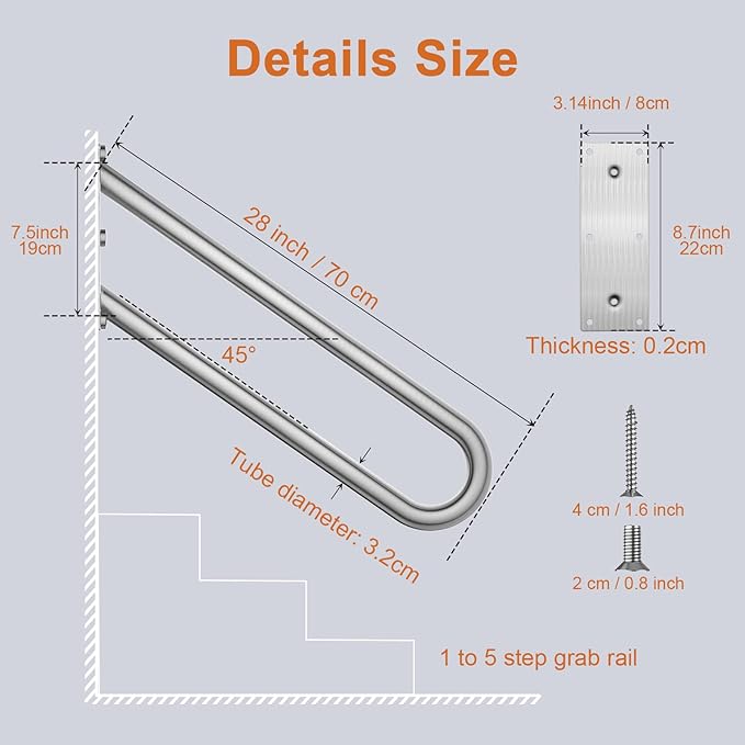 28 Inch U Shaped Handrail for 1-5 Steps - 1.25" Tube, ZUEXT Satin Brushed Nickel Stainless Steel Safety Grab Bar,Wall Mounted Handicap Hand Railing for Outdoor Garage Entry Interior Exterior Stairway