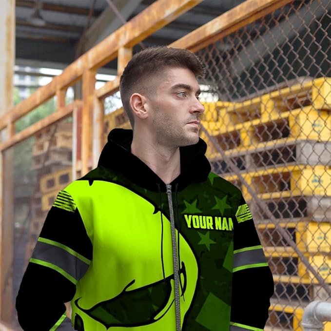 Maddly Hi Vis Reflective Zip Up Hoodie, High Visibility Safety Jacket with Skull Design for runner, worker, trucker, cyclist