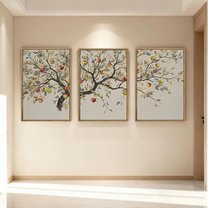 IAPTTOP Large Neutral Botanical Wall Art 16x24 Inch Beige Fall Wood Tree Canvas Wall Decor Rustic Farmhouse Leaves Wall Painting Art Print for Kitchen Living Room Set of 3