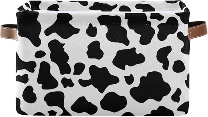 Black White Cow Skin Print Storage Basket Cube Storage Bins Organizer Bag Collapsible Closet Shelf Baskets with handle for Cloth Book 14.2×10.2×8.3 IN