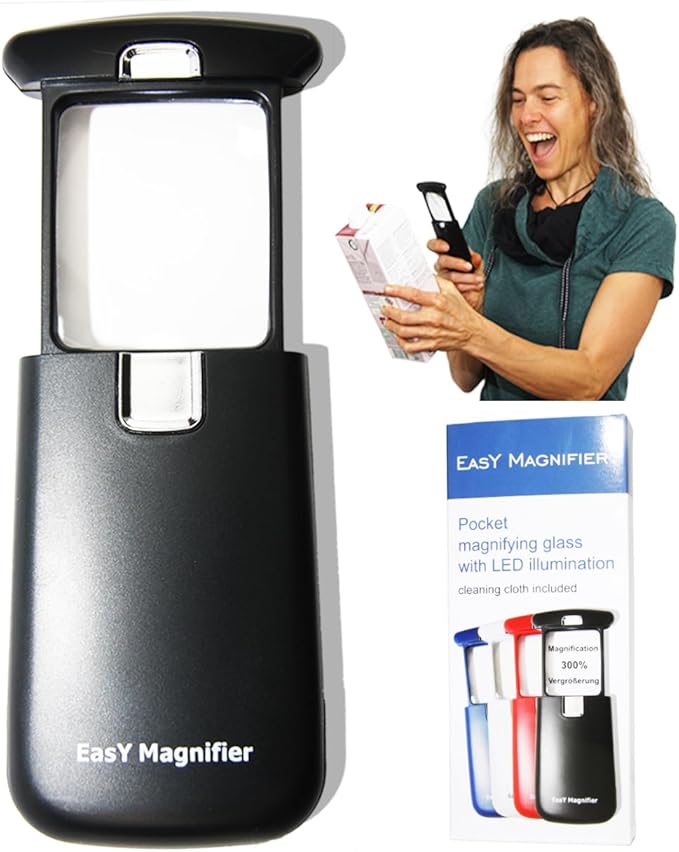 EasY Magnifier Small Pocket Magnifying Glass 3X with LED Light For Reading Fine Print; Mini Lighted Hand Held Acryl Lens; Read Lables In Stores; Magnify Glasses For Close Work;Helpful Gift For Seniors