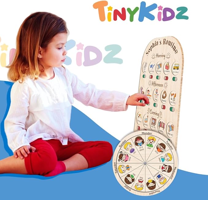 Personalized Wooden Daily Routine with Emotion Wheel, Daily Chore Chart for Kids, Behavior Chart at Home for Toddler, Visual Schedule with Feeling Wheel for Kids Boys Girls