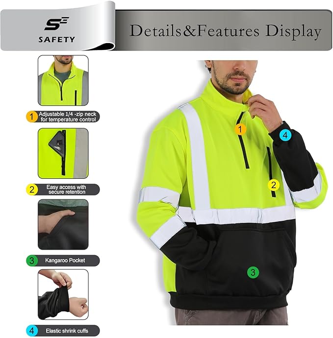 sesafety Work Safety Sweater High Visibility Construction,Class 3 Hi Vis Reflective Sweatshirt for Men,1/4 Zip,Pullover