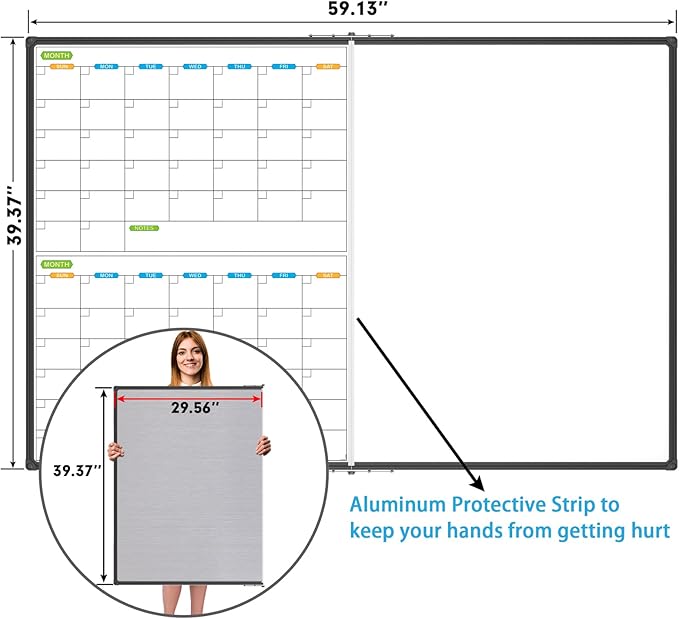 JILoffice Magnetic Foldable Dry Erase Calendar Whiteboard Combo, 2 Month Calendar Board & White Board 60 X 40 Inch, Black Aluminum Frame Wall Mounted Board for Office Home and School