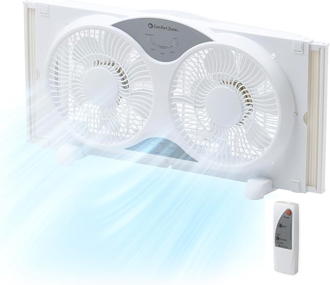 Comfort Zone Twin Window Fan with Remote Control, Removable Cover, Reversible, 9 inch, 3 Speed, 3 Function, Expandable, Exhaust, Airflow 8.40 ft/sec, Ideal for Home, Kitchen, Bedroom & Office, CZ310R