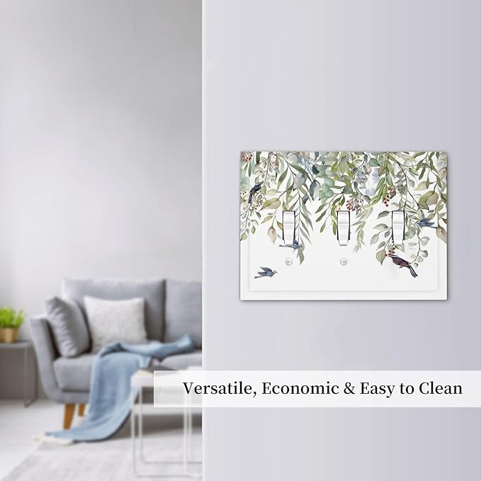 Green Leaf Eucalyptus Leaves Floral Bird Butterfly Decorative Switch Plates 3 Gang Wall Plate Triple Toggle Light Switch Cover Faceplate Electrical Wall Panels for Bed Room Living Room Decor