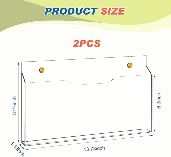 2Pcs Clear Acrylic File Holder Wall Mount Mail Magazine Organizer File Holders with Screw Wall Pocket Office Document Storage Rack Magazine Letter Brochure(14 x8.3 x1.2 ,Horizontal)