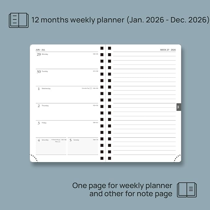 POPRUN 2026 Planner Weekly Notebook (Jan-Dec), Small Size 4''x 6.25'' - 2026 Pocket Calendar for Purse with Spiral Soft Cover, Plastic Ruler, Inner Pocket, 100 GSM - Claret