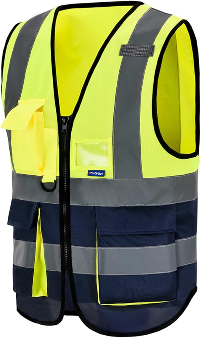 A-SAFETY Protective Reflective Safety Vest Workwear, 7 Pockets Hi Vis Durable Vest with Reflective Tapes, 4 Lower Pockets, Yellow&Navy, XL