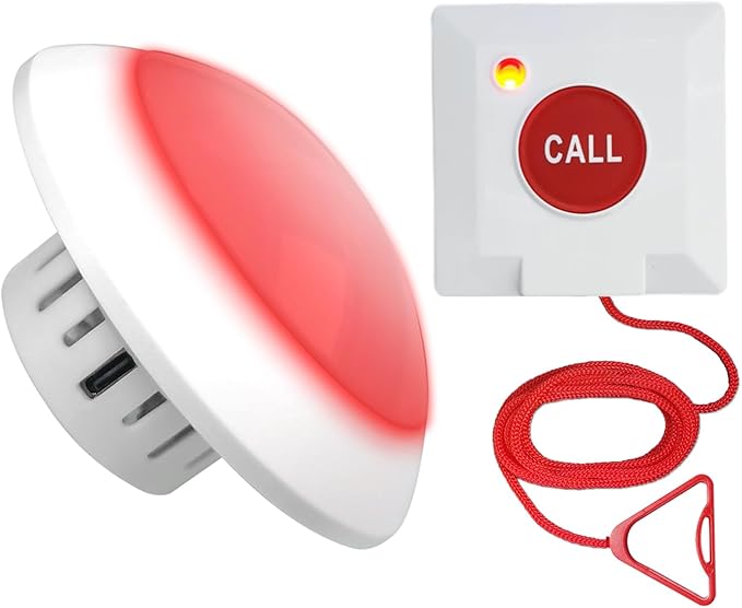 Bathroom Pull Cord Alarm with Call Bell Button Emergency Call Light System for Elderly Senior Caregiver Pager Disabled Person Toilet Alarm with 1 SOS Button and 1 Strobe Siren Receiver