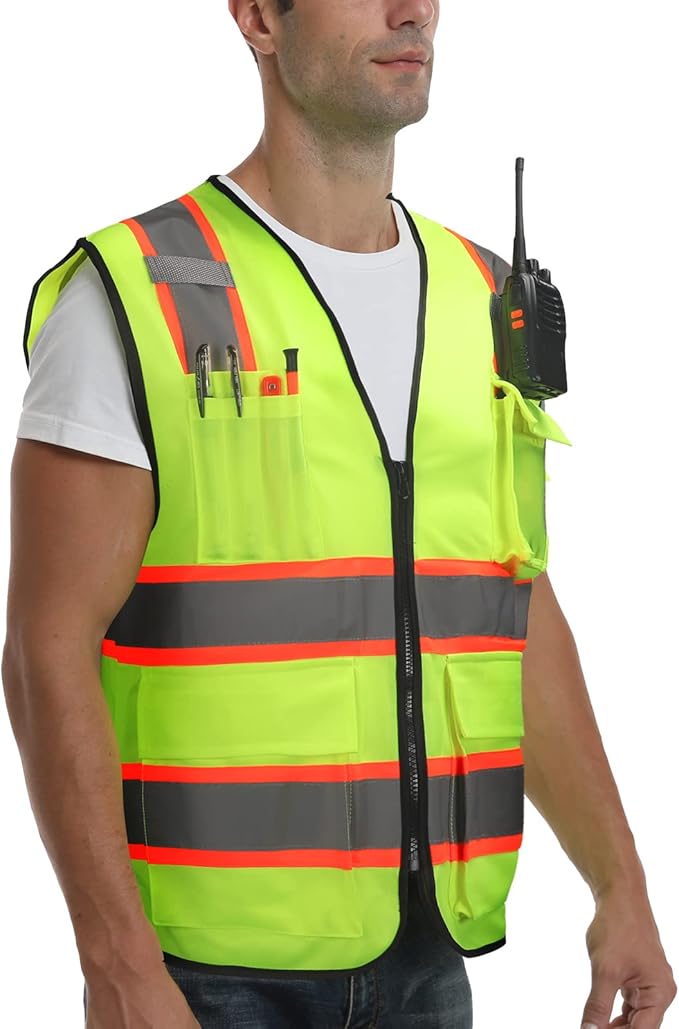 9 Pocket High Visibility Class 2 Safety Vest with Reflective Strips and Zipper Closure for Men & Women in Lime, 2XL