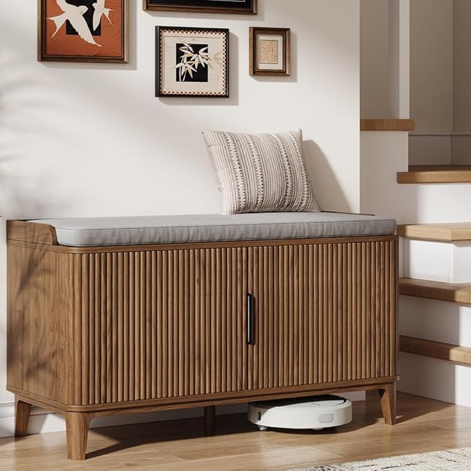 39.4" Fluted Shoe Cabinet Storage with Bench, 2-Tier Entryway Bench with Adjustable Shelves and Detachable Cushioned Seat, Shoe Organizer Bench Cabinet for Entryway, Living Room, Hallway Walnut