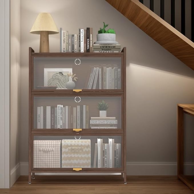 44'' Tall Metal Storage Cabinet with 3 Flip Doors, Freestanding Steel Organizer with Ample Storage Space for Bedroom Living Room Kitchen Office Entryway, Storage Organizer Walnut Finish