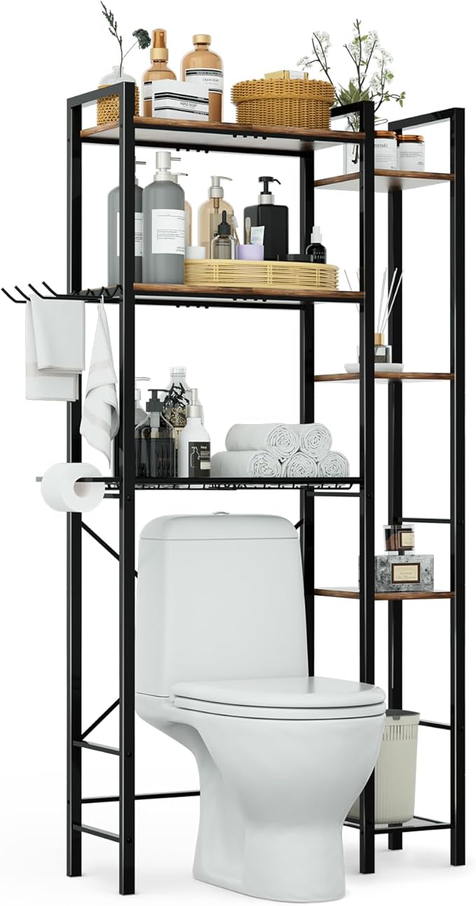 homyfort Over The Toilet Storage Cabinet, 3-Tier Bathroom Shelves Over Toilet, Easy Installation with Drain Basket, Side Rack, X Shape Side Guardrail, Freestanding Toilet Rack for Balcony, Laundry