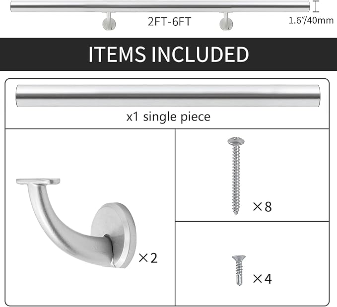 4 FT Modern Aluminum Handrail Set, handrails for Indoor Stairs,Deck,Slope, Wall Mounted Staircase handrails, Zink Alloy Brackets Included,Rust Free. (Anodized Silver, 4 FT)