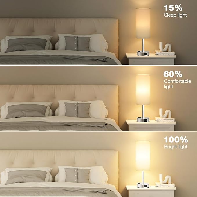 Fenmzee White Touch Bedroom Table Lamp - 3 Way Dimmable Bedside Lamp USB C A Charging Ports and AC Outlet, Small Lamp Nightstand with Silver Base for Living Room, Office Desk, LED Bulb Included