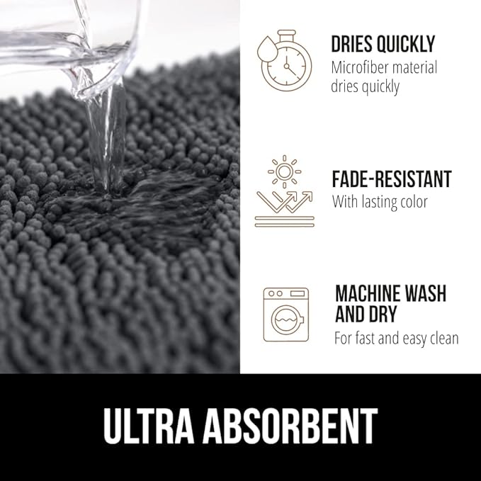 GORILLA GRIP Bath Rug Mat 48x24, Soft Absorbent Chenille, Quick Dry Microfiber Mats, Rubber Backing Washable Shower Floor Rugs, Bathmat Runner, US Designed Bathroom Home Decor Accessories Charcoal