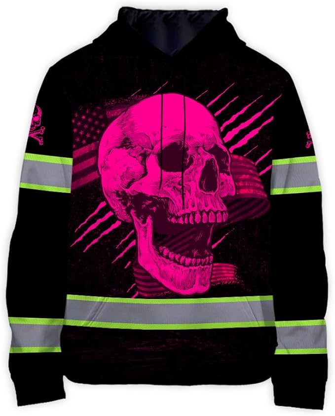Matedecor Skull US Flag Reflective High Visibility Hoodie For Men Construction Hi Vis Safety Workwear Custom Name