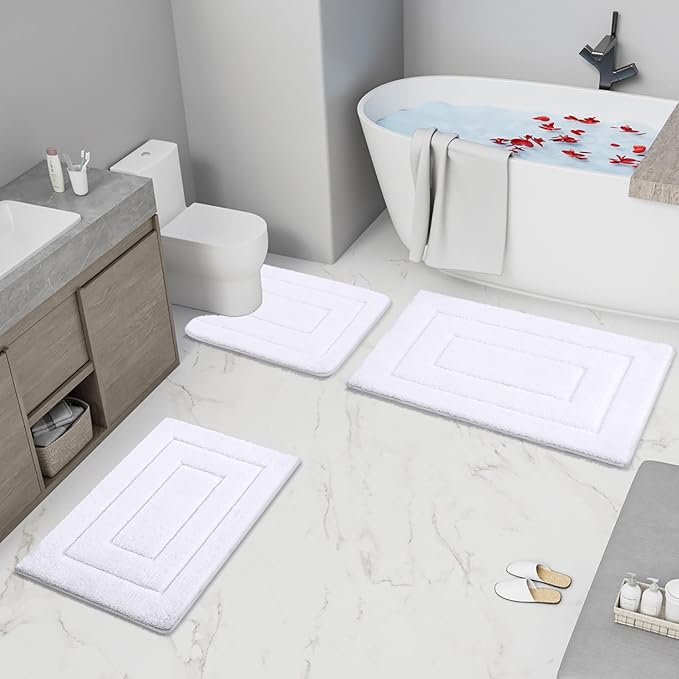 Buganda Bathroom Rugs, 44" x 24", Soft and Absorbent Microfiber Bath Rugs, Non-Slip Shaggy Shower Carpet, Machine Wash Dry Bath Mats for Bathroom Floor, Tub and Shower, White