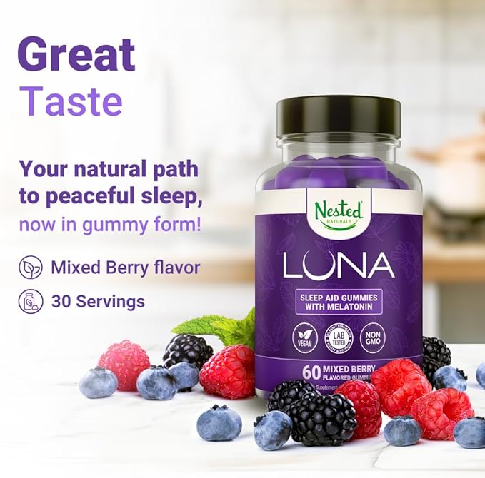 Nested Naturals Luna Sleep Gummies - Non-Habit Forming Melatonin Gummies 3mg with L-Theanine, Valerian Root, GABA, and Lemon Balm - Sleep Gummy for Adults - Mixed Berry, 60 Vegan Gummies