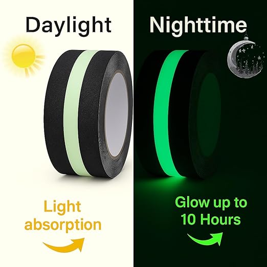 Glow in The Dark Anti Slip Tape for Stairs 2 Pack Safety Grip Strips 2in x 16.4ft Waterproof Non Skid Traction Tape for Indoor & Outdoor Steps Black with Bright Green Walk Caution Tape