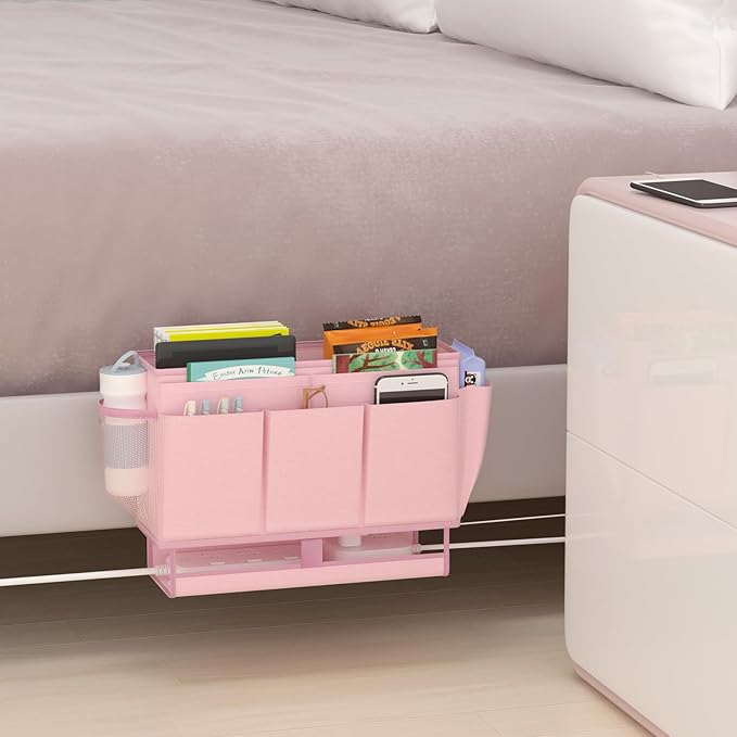 Bedside Caddy Bedside Organizer,Bed Caddy with 11 Pockets and Power Strip Holder,Versatile Bedside Storage Caddy for Home,Dorm,Bunk,Hospital,Crib Bed (Pink)