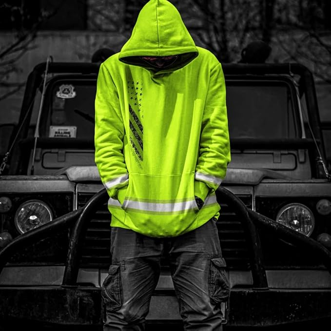 US Flag High Visibility Hoodie for Men Reflective Hoodie Safety Workwear for Worker Runner Patriotic ACC02