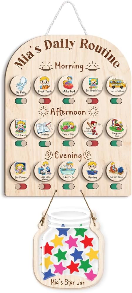 Personalized Wooden Daily Routine Chart with Stars Reward Jar, Visual Schedule, Routine Chart for Toddlers, Morning Bedtime Routine Chart
