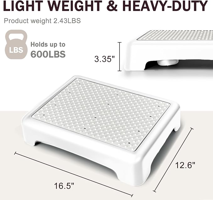 GWNF3.35'' Short Step Stool – 600lb Capacity Ultra-Sturdy Structure & Lightweight Step Stools for Seniors, Kids & Adults | Non-Slip Wide Platform | Mobility Step Stool for Indoor & Outdoor（White-Grey）