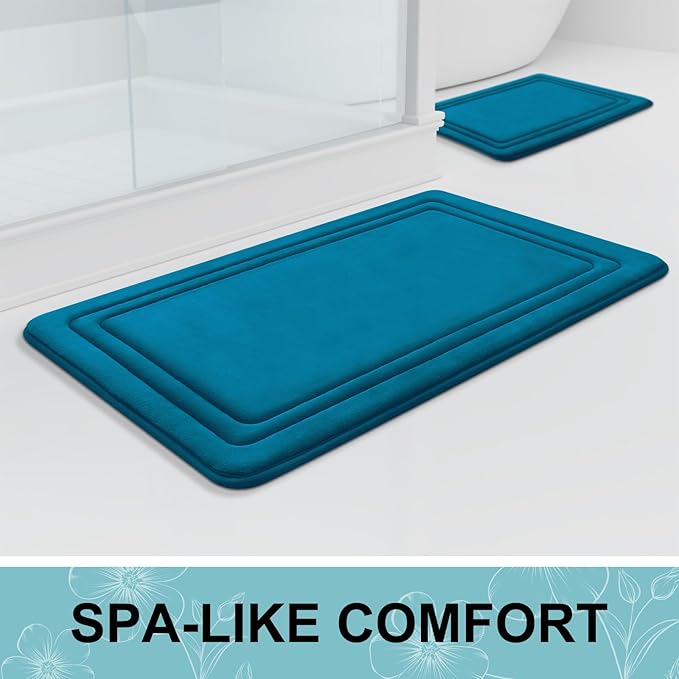 Grandaily Memory Foam Bath Mat Rug 44x24, Ultra Soft, Non-Slip and Absorbent Bathroom Rugs, Machine Wash Dry, Comfortable Bath Carpet for Bathroom Floor, Tub and Shower, Peacock Blue