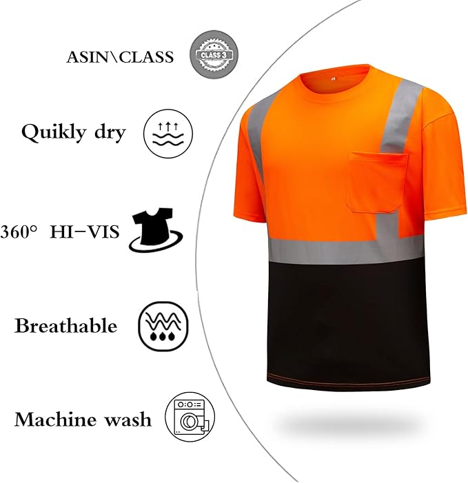 High Visibility Shirts Quick Dry Safety T Shirts with Reflective Strips and Pocket Short Sleeve Mesh Hi Vis Construction Work Class 2 Shirt for Men/Women Black Bottom Orange,6XL