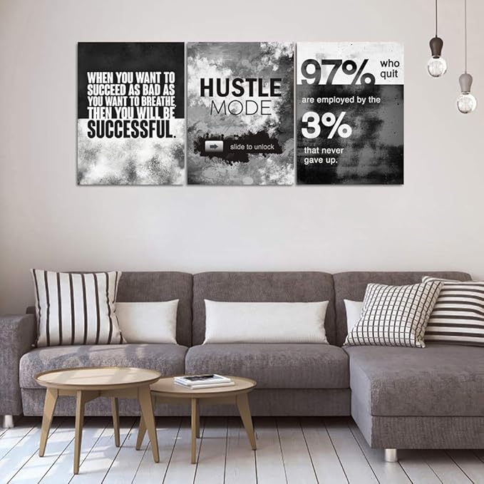 Motivational Office Wall Decor, Inspirational Canvas Wall Art, 3 Pieces Hustle Posters Prints Entrepreneur Success Quote Wall Decor for Lobby Meeting Room Hallway Living Room(36”Wx16”H)