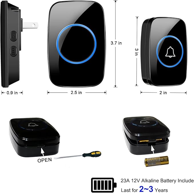 Wireless Doorbell, FullHouse Waterproof Door Bell Kit, Distinguish Front and Rear Doors, Over 1000 feet Range and 60 Chime, 5 Levels Volume and LED Flash, for Home Office Classroom