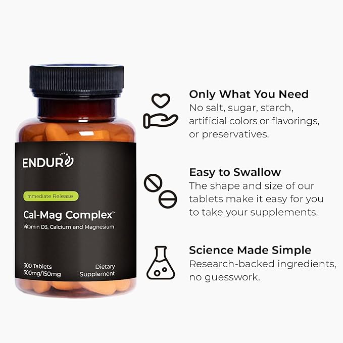 Endur Cal-Mag Complex, Bone & Heart Support for Active Lifestyles, Calcium and Magnesium with Vitamin D3, Gluten Free, 300 Tablets