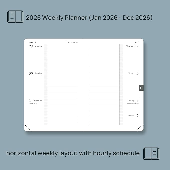 POPRUN 2026 Weekly & Monthly Planner Calendar,Pocket 4'' x 6.25'', Horizontal Layout with Lined Sections, Jan. 2026 - Dec. 2026, Leather Hardcover, 100GSM Paper, Inner Pocket - Soft Pink