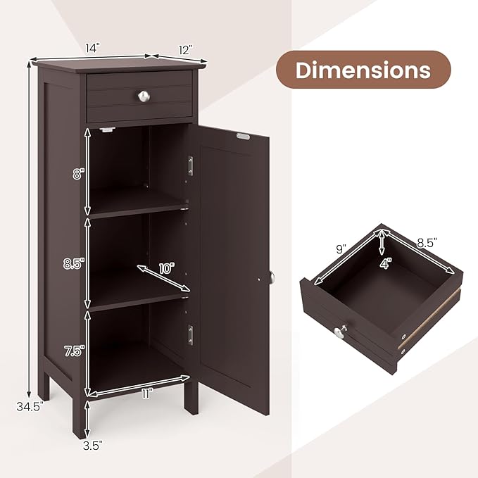 GLACER Floor Storage Cabinet, Multifunctional Freestanding Bathroom Storage Cabinet with 2 Adjustable Shelves, Ideal for Bathroom, Living Room, 14 x 12 x 34.5 inches (Brown)