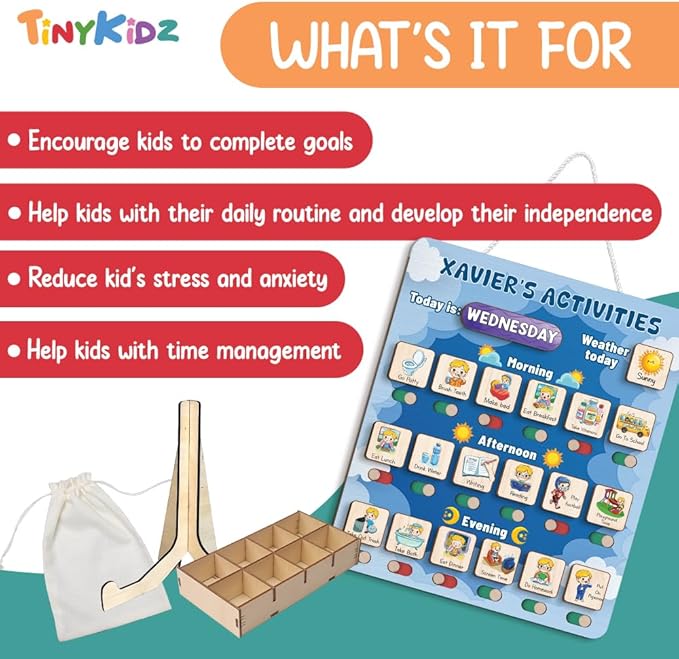 Personalized Wooden Daily Routine Chart 12x14", Visual Schedule, Daily Responsibilities for Kids, Morning Bedtime Routine Chart for Toddlers (11)