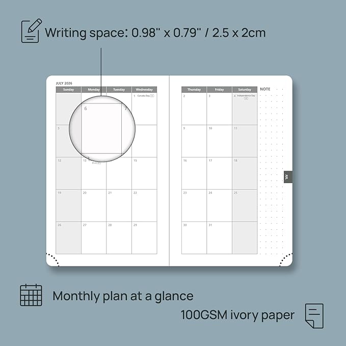 POPRUN 2026 Planner (Pocket Size 4''x 6.25'' Hardcover) - Small Calendar for Purse with Hourly Schedule & Vertical Weekly Layout, Monthly Calendars, 100 GSM - Haze Blue