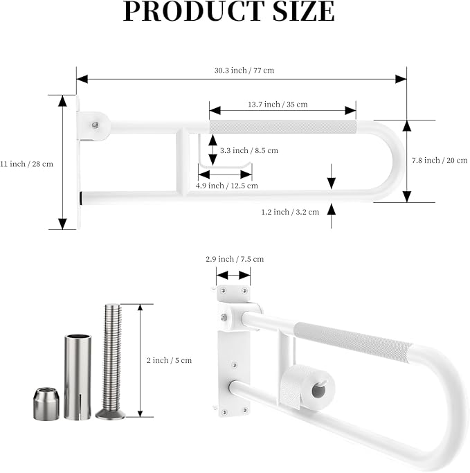 Toilet Grab Bar 30.3 Inch, YuanDe White Anti-Slip Support Rail, U Shaped Flip-Up Grab Bar with Paper Holder, Stainless Steel Knurled Handicap Safety Handrails for Disabled Elderly Pregnant