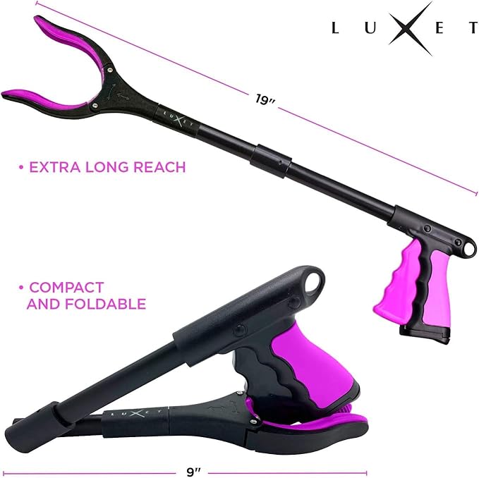 Grabber Reacher Tool - 2 Pack - Latest Version Long 19/32 Inch Foldable Pick Up Stick - Strong Grip Magnetic Tip Lightweight Trash Picker Claw Reacher Grabber Tool for Elderly Reaching, Luxet (Pink)
