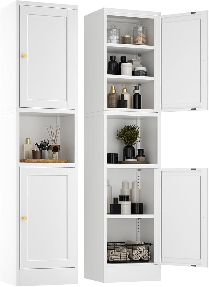 2-Door Metal Storage Cabinet, Tall Slim Pantry Organizer with 3 Adjustable Shelves (120LBS/Shelf), Anti-Tipping Waterproof Cabinet for Bathroom/Kitchen/Home Office/Small Spaces, (1PC,White)