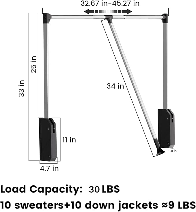 Pull Down Closet Rod 33-47 Inches Adjustable - Stainless Steel Soft-Close Wardrobe Lift Rail with Two-Way Buffering, Space-Saving Back Mount Closet Organizer