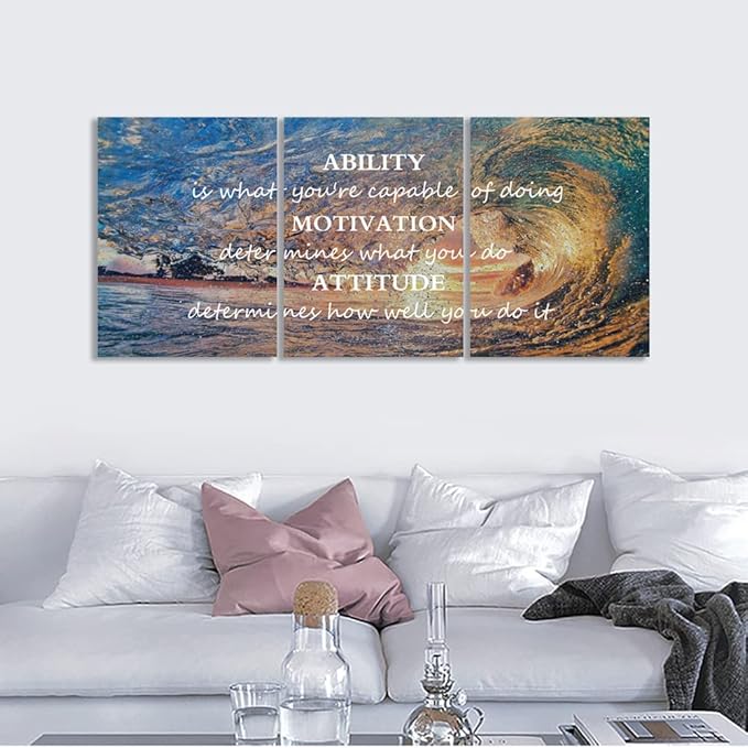 Unbruvo Motivational Wall Art for Office, 3 Pieces Canvas Painting with Inspirational Quotes, Ability Motivation Attitude Prints for Living Room Bedroom Study Room Decor(72" Wx36 H)