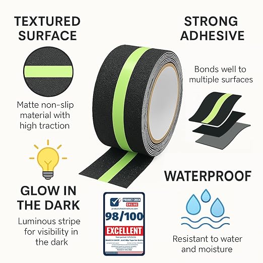 Glow in The Dark Anti Slip Tape for Stairs 2 Pack Safety Grip Strips 2in x 16.4ft Waterproof Non Skid Traction Tape for Indoor & Outdoor Steps Black with Bright Green Walk Caution Tape