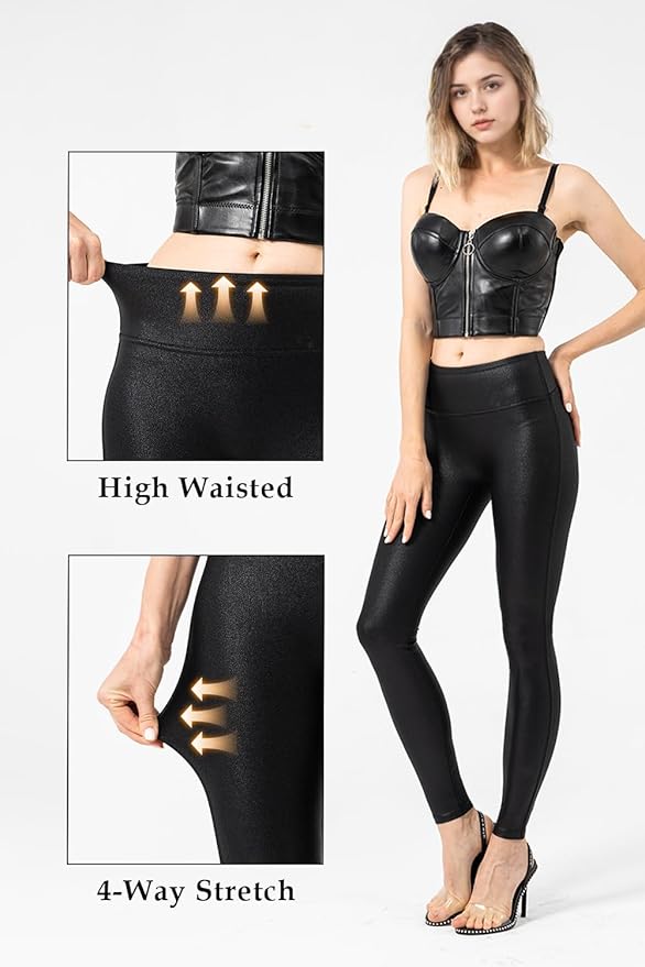 Ginasy Faux Leather Leggings for Women Tummy Control Stretch High Waist Pleather Pants with Thin Fleece Lined